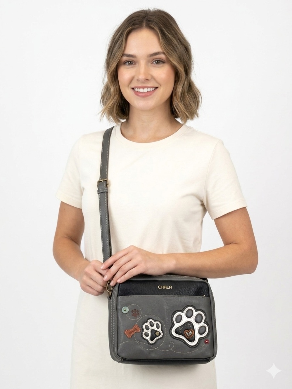 Chala Deluxe Messenger Bag - Dog Paw Print & Bone Theme - Gray Vegan Leathe